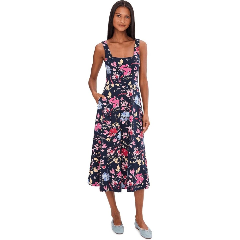 PACT Organic Cotton Fit & Flare Midi Dress Dayspring Blooms Large Pockets NWOT